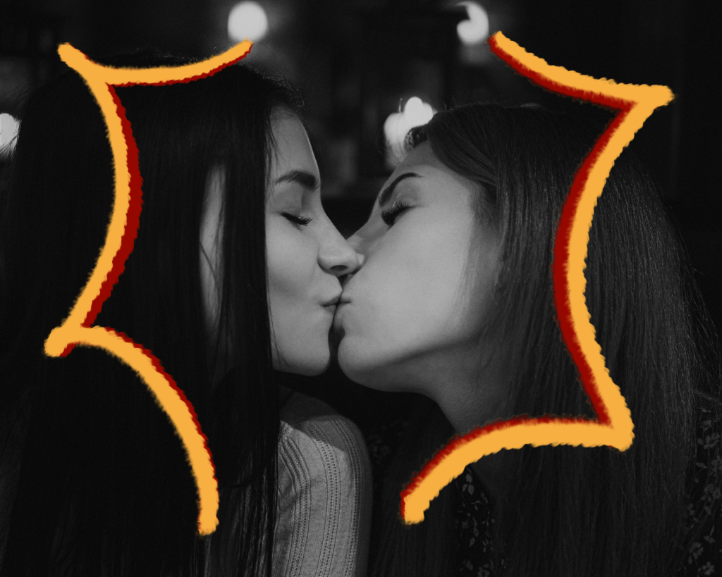 A couple kissing with red and yellow swirls on picture Capricorn woman and Pisces woman 