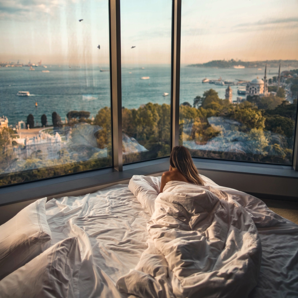 Aquarius - bed tester - woman lying on large bed looking out floor to ceiling windows showing city, trees, and ocean