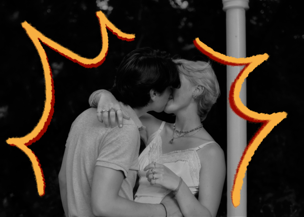 A couple kissing with red and yellow swirls on picture Aquarius man and Aries woman