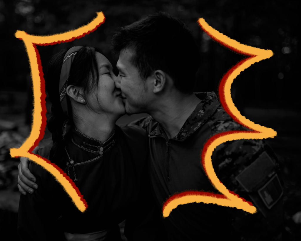 A couple kissing with red and yellow swirls on picture Taurus woman and Sagittarius man