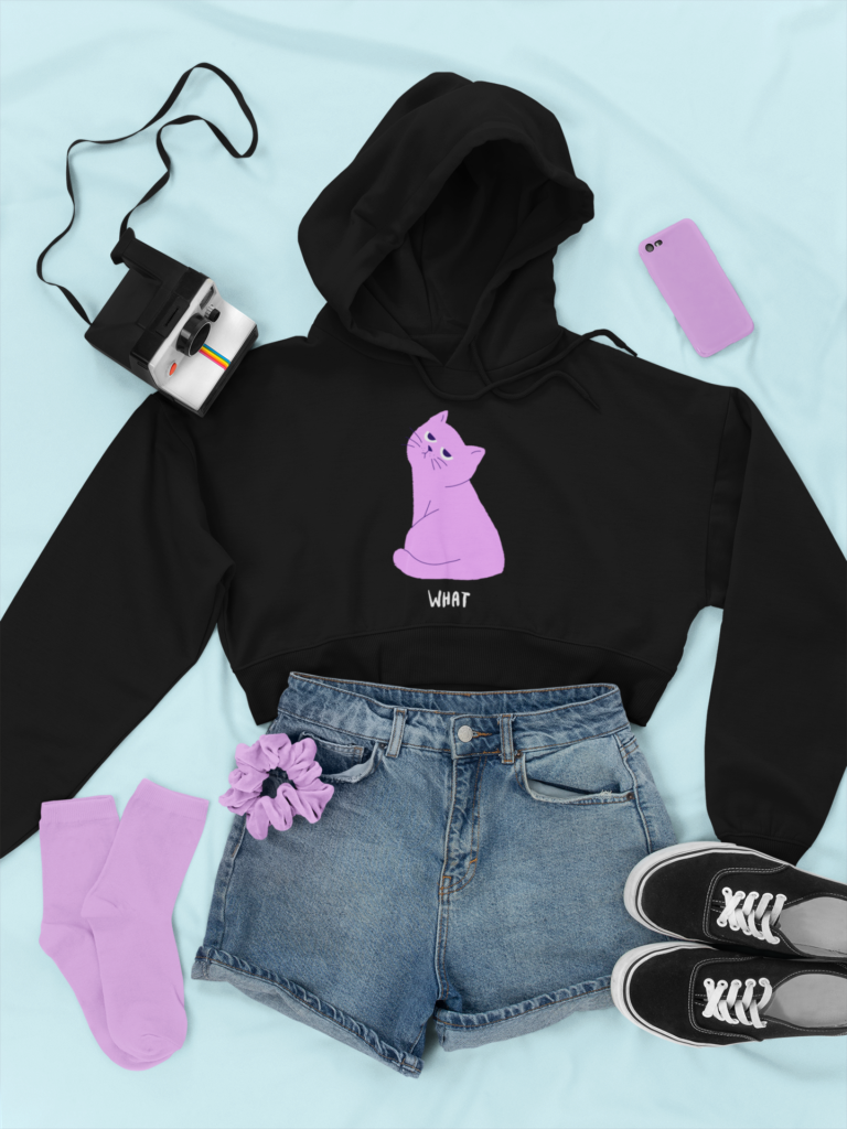 Meme fashion - black hoodie flat lay with Rogue Ramms what cat design