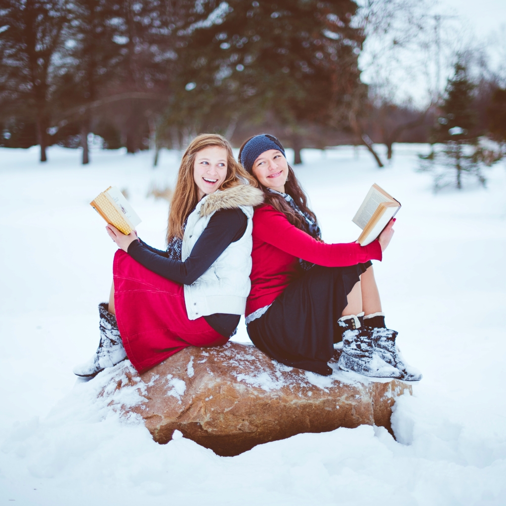 Start a new book series- two teenagers sitting on a big rock in snowy landscape and each holding an open book