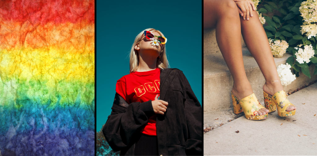 tie dye rainbow, woman outside in racing gear, woman sitting on stairs in floral shoes